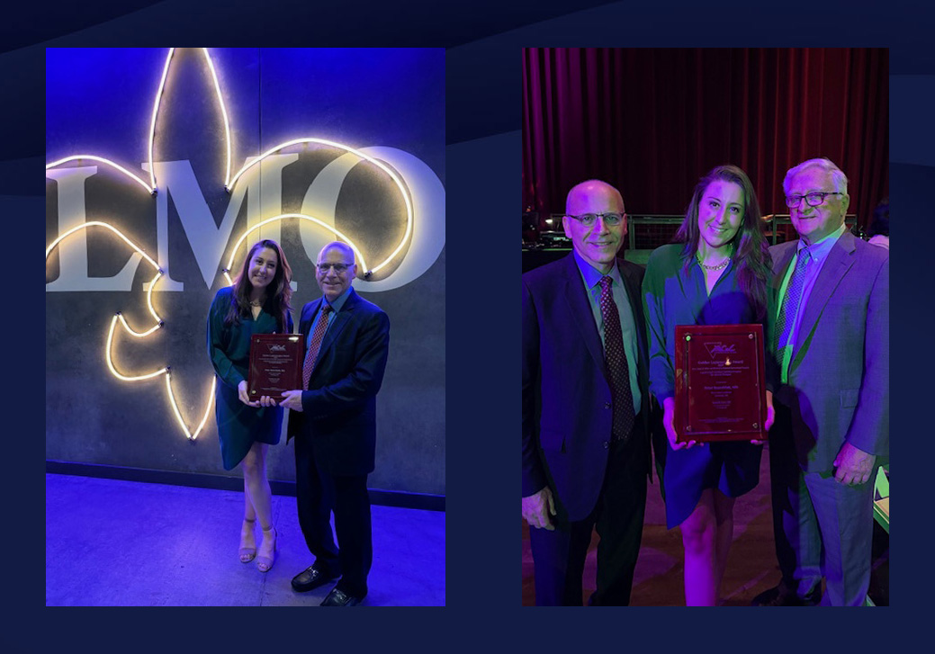 Two photos of Dr. Danielle Carr and colleagues celebrating her award at the recent AAGL conference in New Orleans.