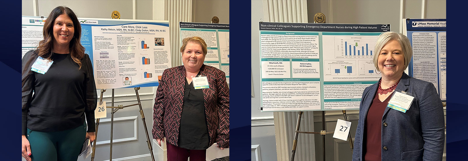 Two photos: Kathy Melvin and Cindy Dutton pose with their poster and Sharon Stemm poses with her poster at the 2023 ONL Winter Quarterly Meeting.