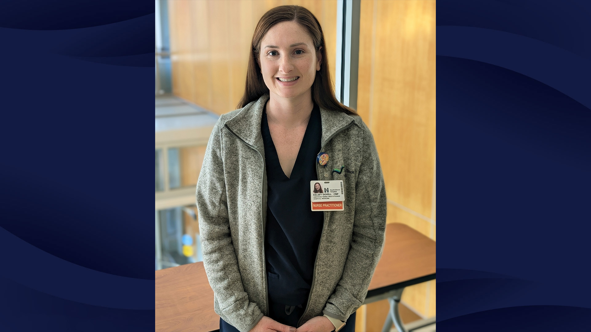 Photo of Kelsey Dovell, CNP, MSN of South Shore Hospital on a navy background