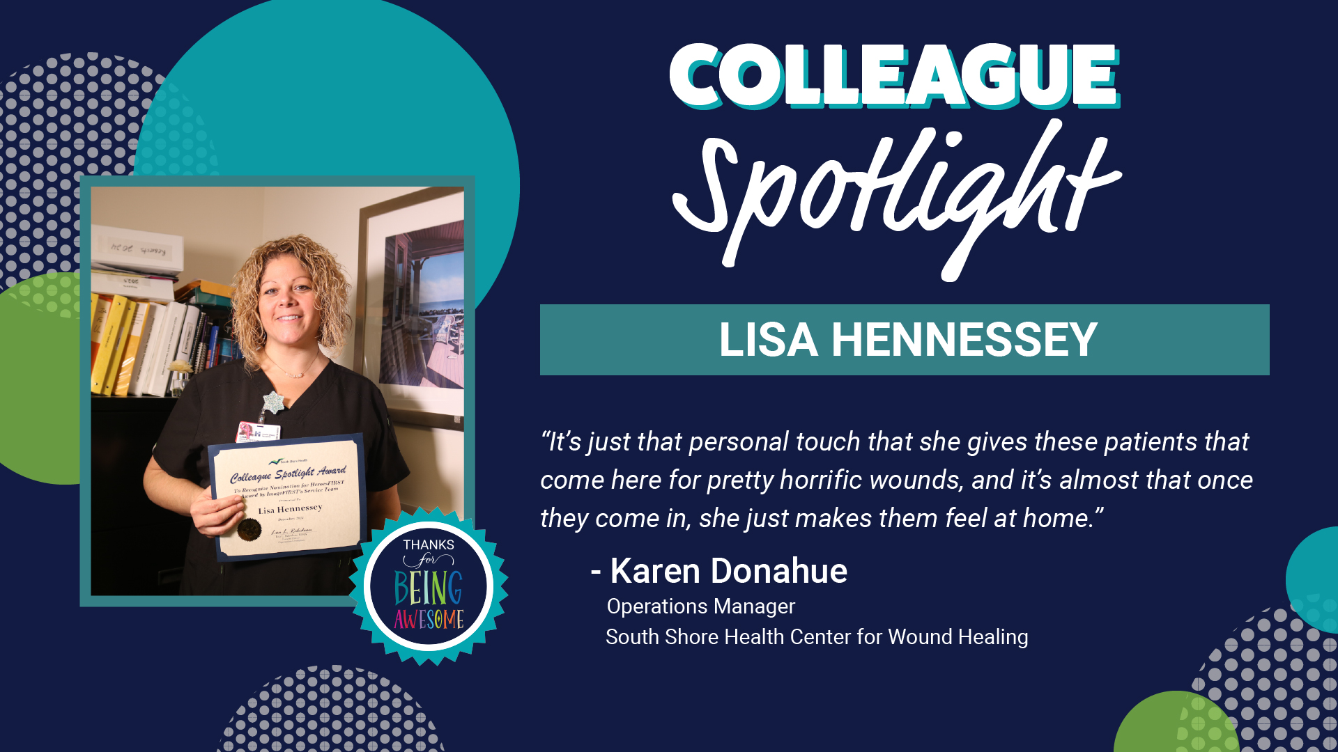 Graphic featuring a photo of Lisa Hennessey holding a certificate with "Colleague Spotlight" text.