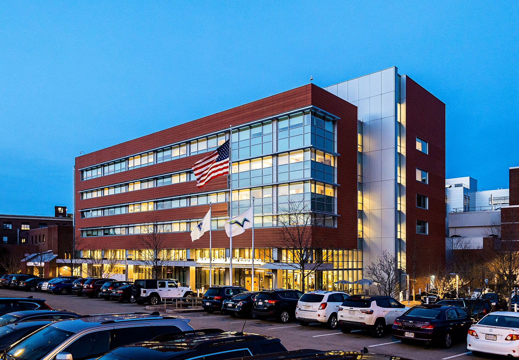 The exterior of the McKim Family Main Entrance at South Shore Hospital.