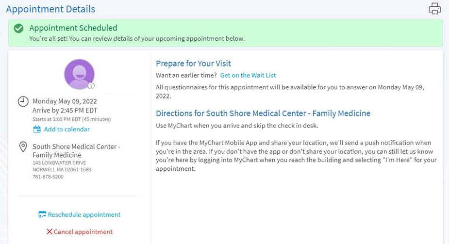 A screenshot of South Shore Health's MyChart platform