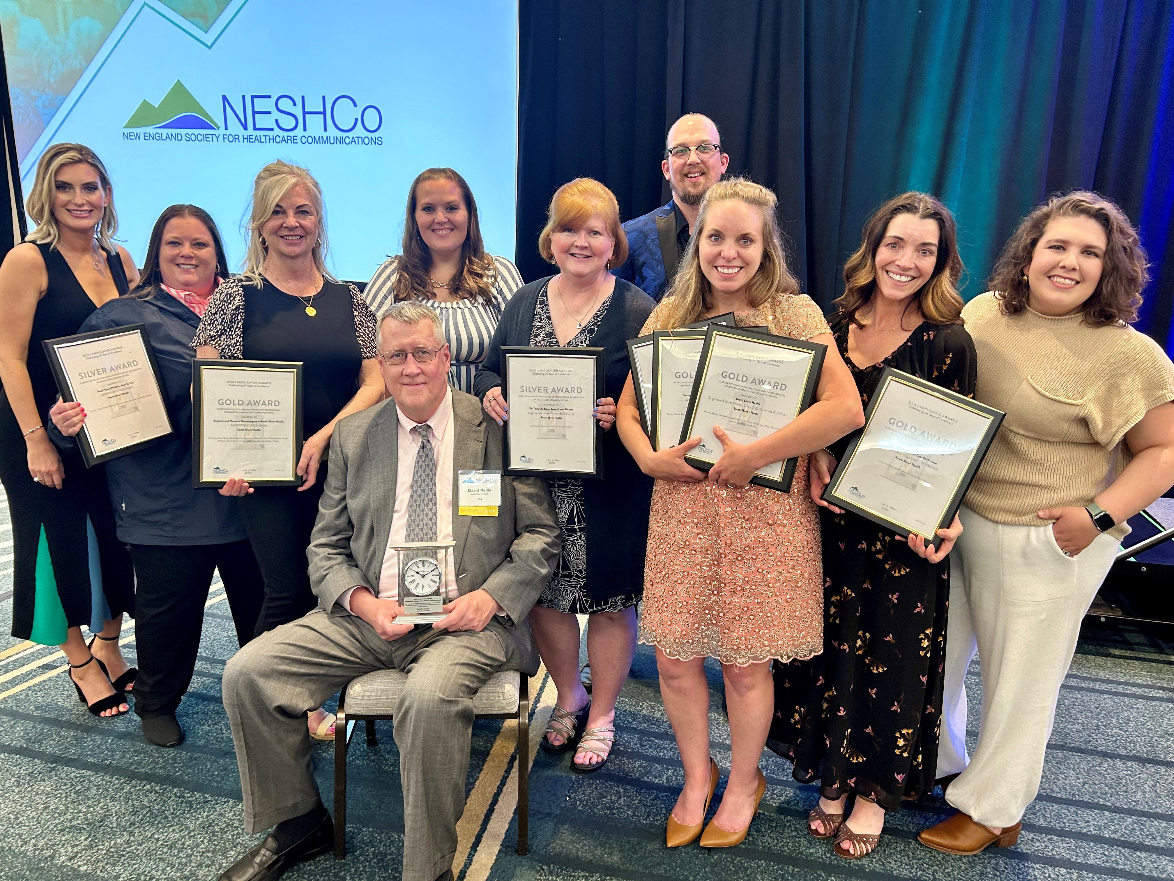 South Shore Health's Marketing & Communications Team poses for a photo at the 2024 NESHCo Awards