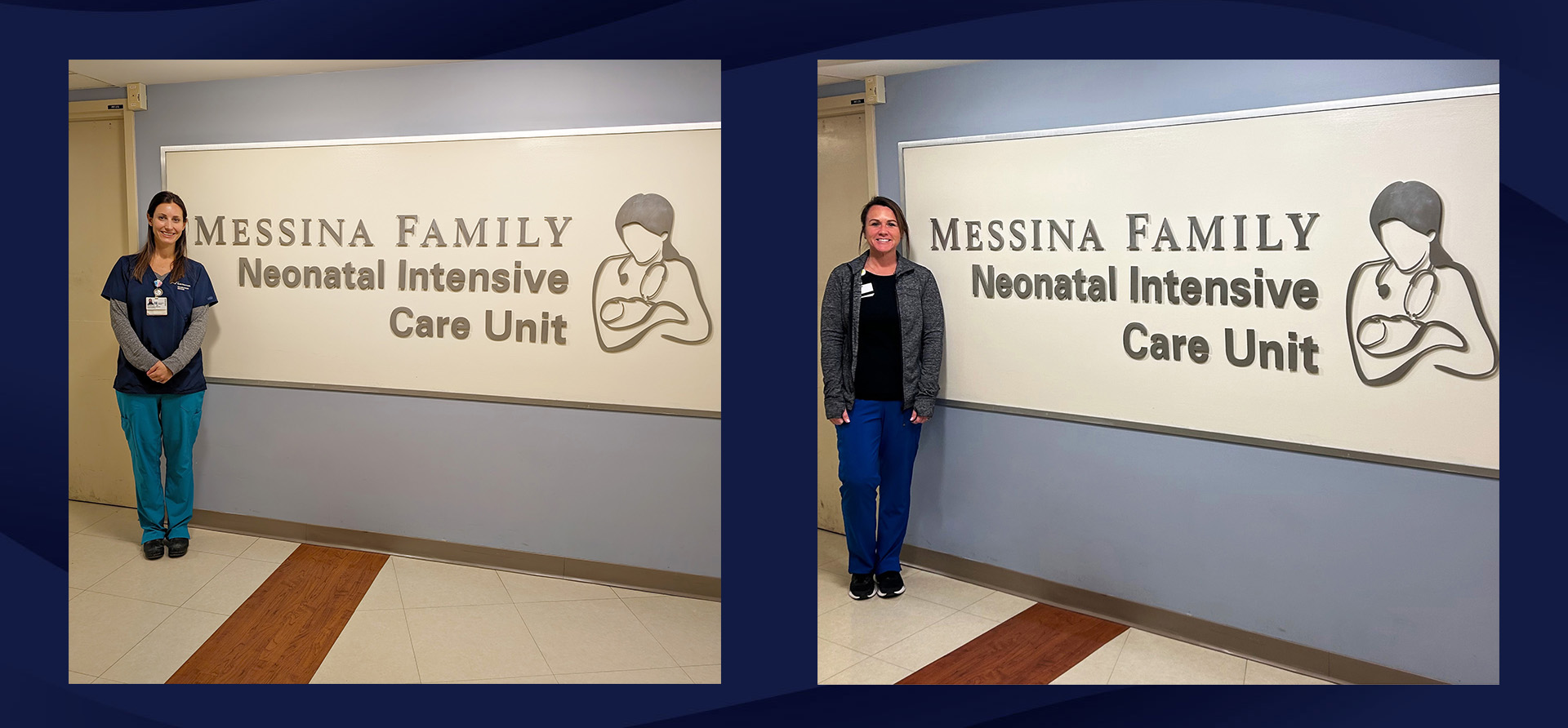 Nicole S. and Courtney M. of South Shore Health pose for separate photos outside of South Shore Hospital's NICU