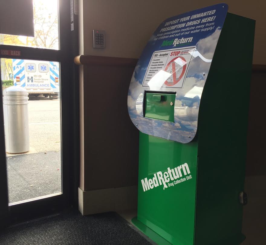 Prescription drop box outside of South Shore Hospital