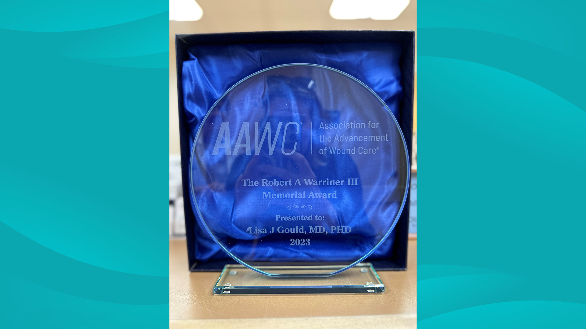 Close-up view of a crystal/glass award in a blue box. Reads "AAWC The Robert A Warriner III Memorial Award presented to Lisa J Gould, MD, PhD, 2023"