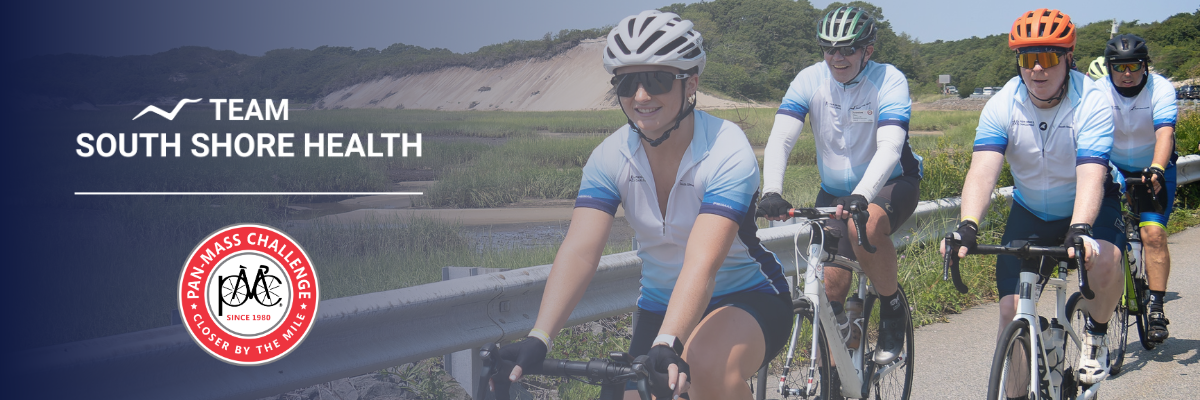 Banner image featuring cyclists and the Team South Shore Health and Pan-Mass Challenge logos