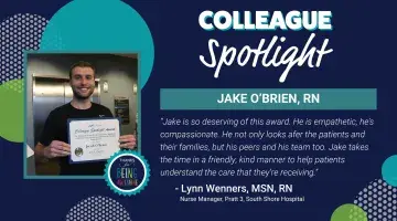 Colleague Spotlight graphic featuring a photo of Jake O'Brien holding a certificate