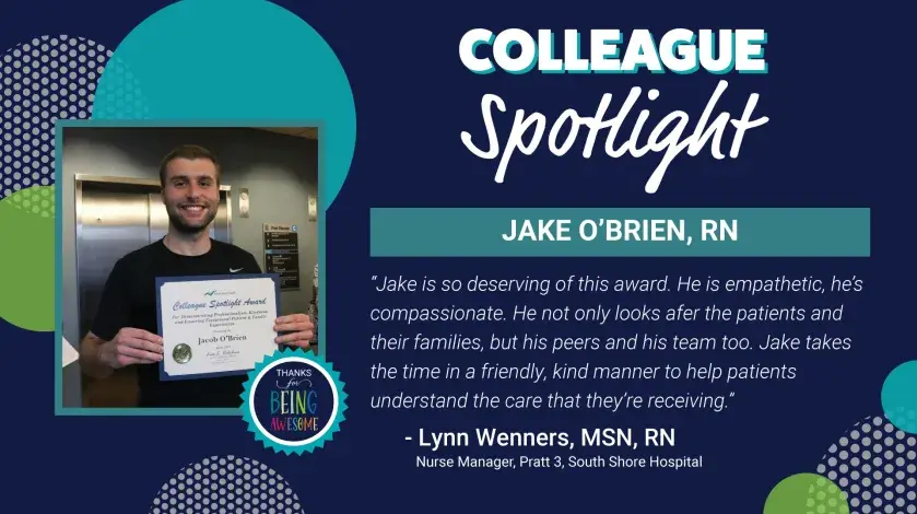 Colleague Spotlight graphic featuring a photo of Jake O'Brien holding a certificate