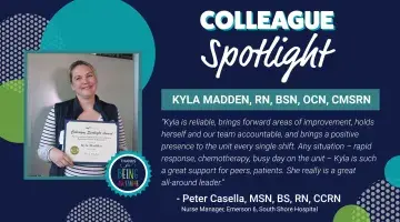 Photo of Kyla Madden holding a certificate inside a graphic featuring "Colleague Spotlight" text and shapes.