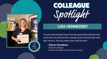 Graphic featuring a photo of Lisa Hennessey holding a certificate with "Colleague Spotlight" text.