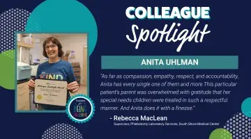 Photo of Anita of South Shore Medical Center holding a certificate. Graphic features "Colleague Spotlight" text.
