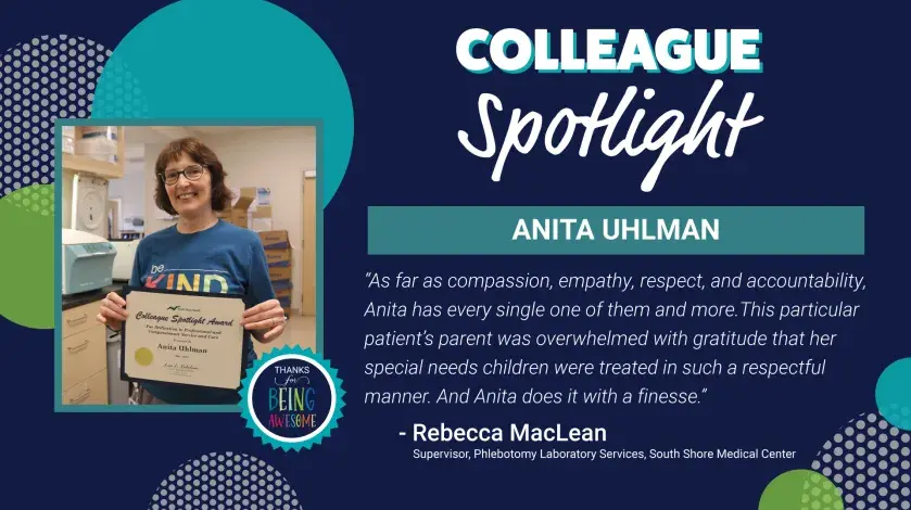 Photo of Anita of South Shore Medical Center holding a certificate. Graphic features "Colleague Spotlight" text.